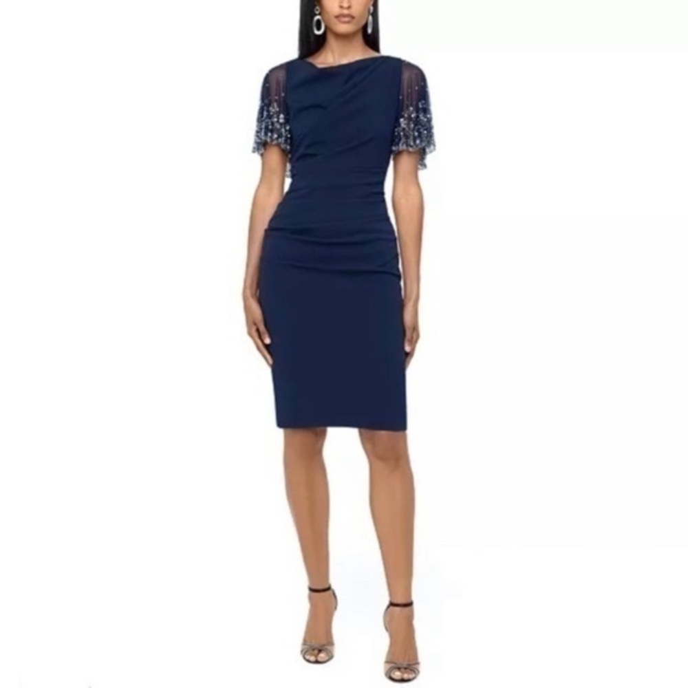 Betsy & Adam Beaded-Sleeve Sheath Dress V-back in Navy/Silver Size 8P